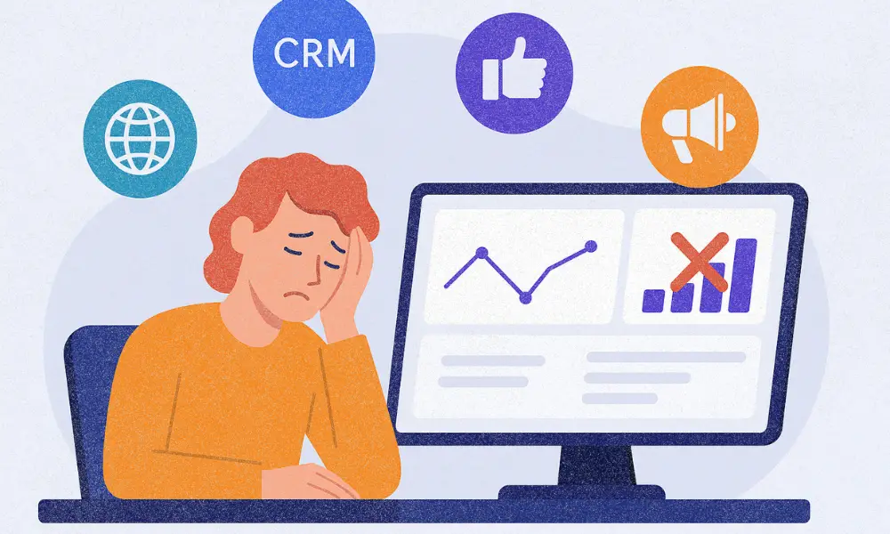 marketer showing frustration over analytics dashboard